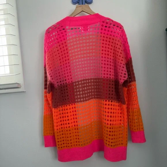 Brodi Cashmere XS‎ Sunset Pointelle Open Knit Stripe Cardigan Lightweight Pink